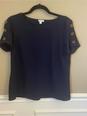 Spense Navy Blouse with Button Sleeve Detail- Medium, Office, Casual